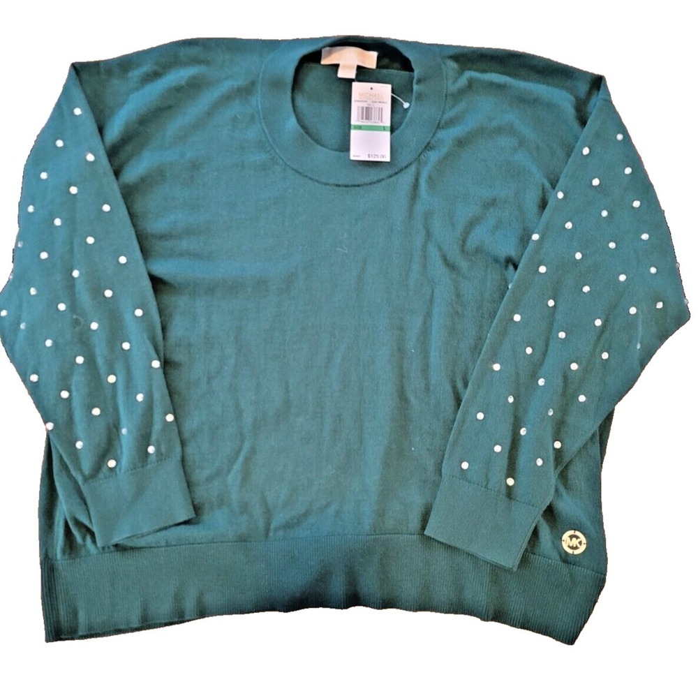 Michael Kors NWT L green long sleeve sweater metal logo rhinestones on sleeves